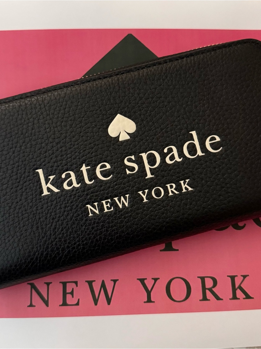 kate spade black leather logo zip-around wallet